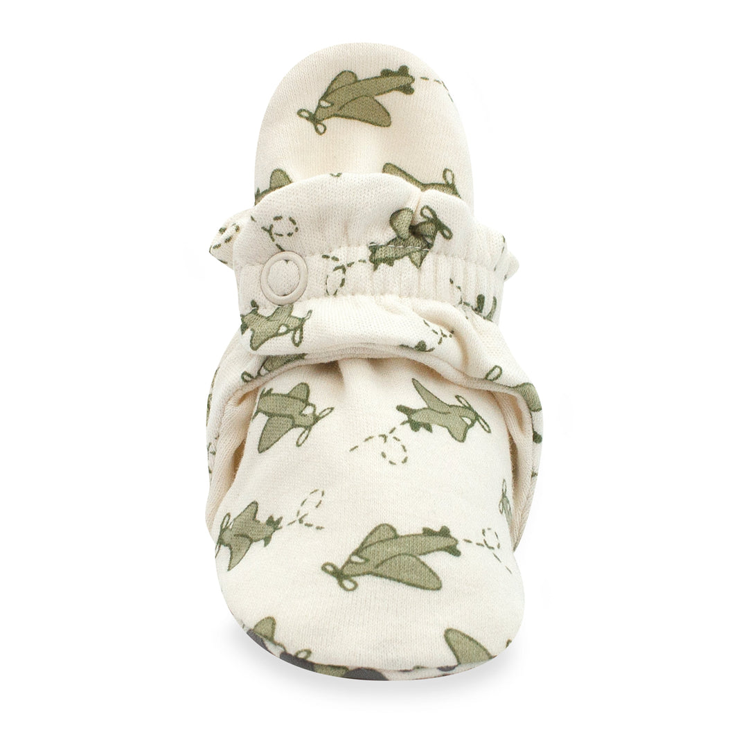 Organic cotton baby booties with gripper soles, displayed against a white background.