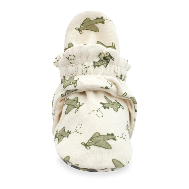 Organic cotton baby booties with gripper soles, displayed against a white background.