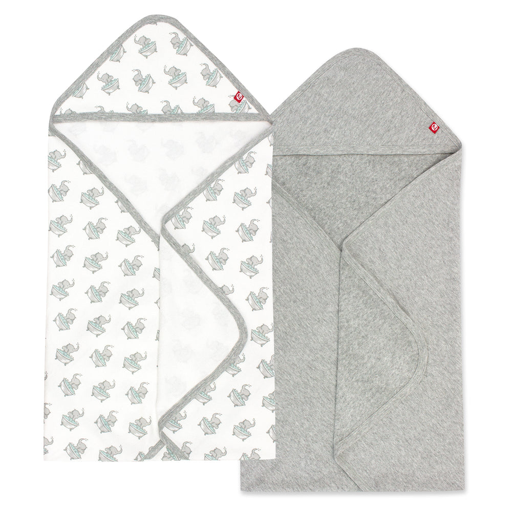 Zutano baby Hooded Towel Elephants Organic Cotton Knit Terry Hooded Towel 2 Pack - Gray Multi