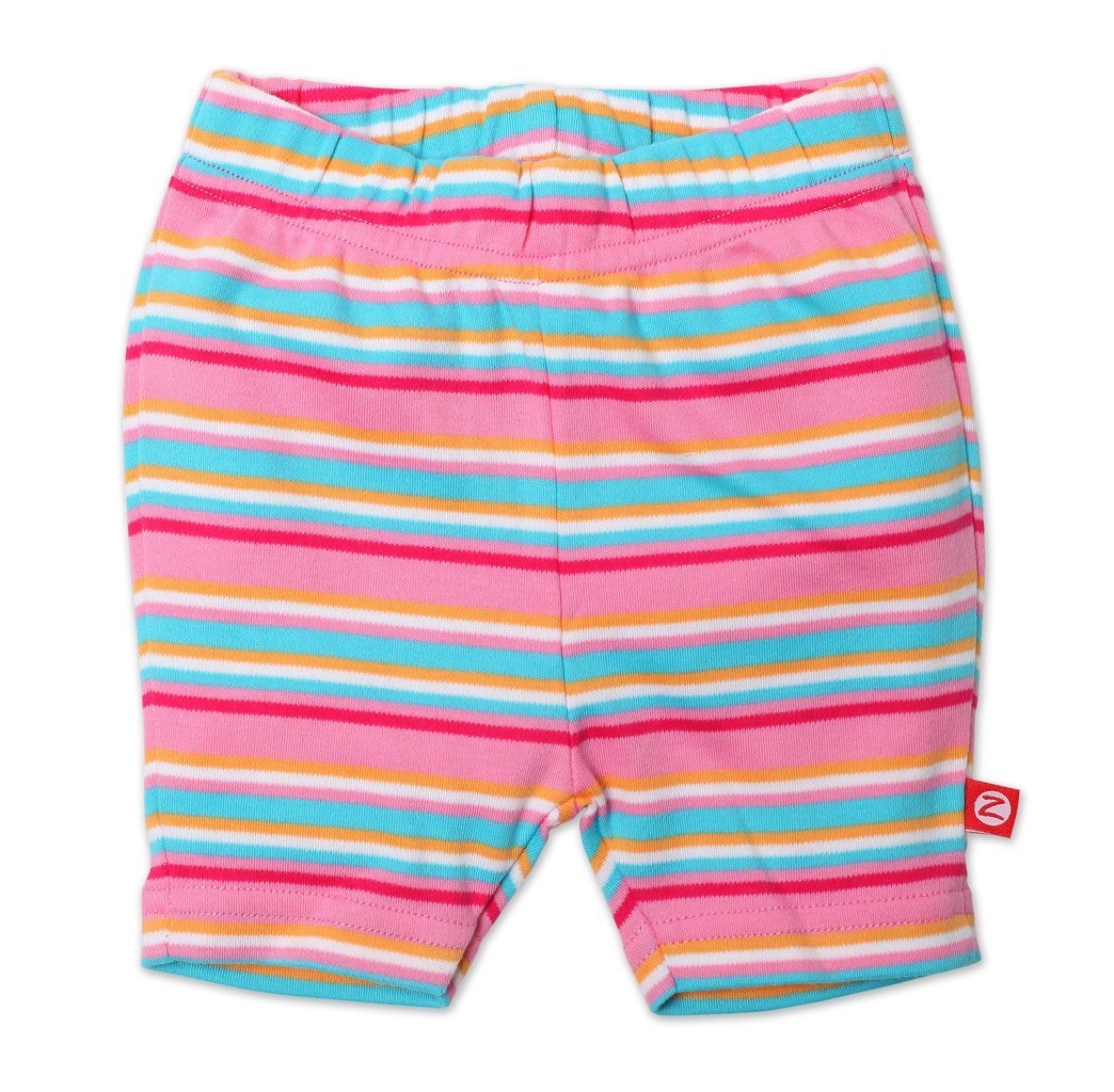 Baby bike shorts in hot pink with multicolored stripes and an elastic waistband.