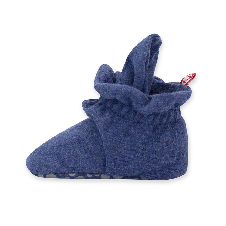 Baby booties with rubber grippers on the sole and a two-snap secure fit.