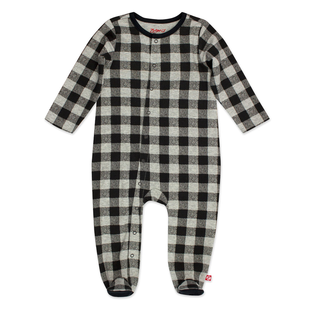 A black and gray buffalo check organic cotton footie for babies.