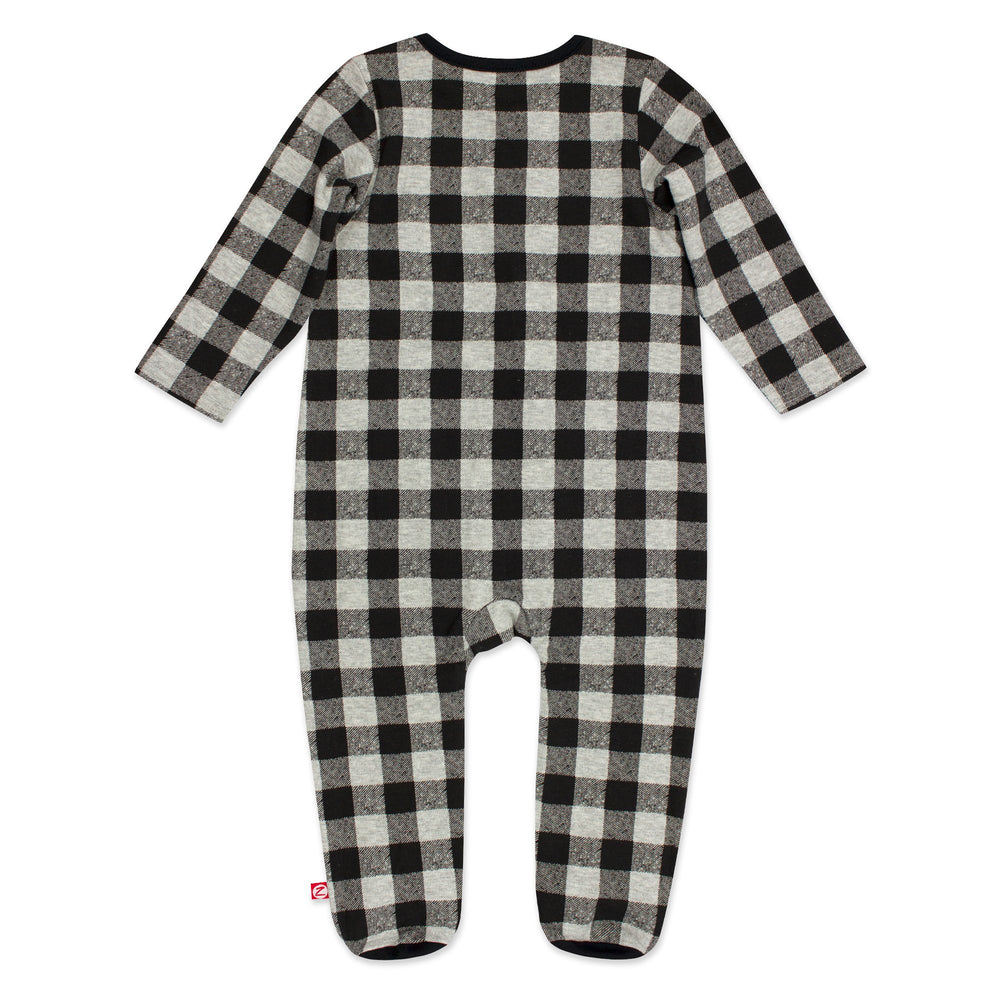Black and gray buffalo check organic cotton footie for babies.