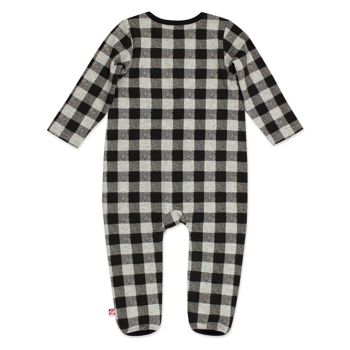 Black and gray buffalo check organic cotton footie for babies.