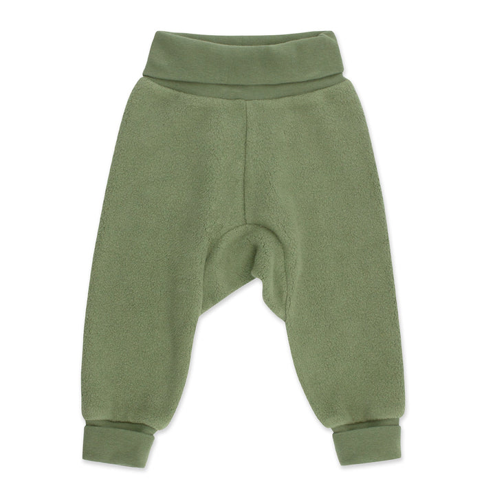 Green fleece baby cuff pants with ribbed cotton waistband and cuffs.