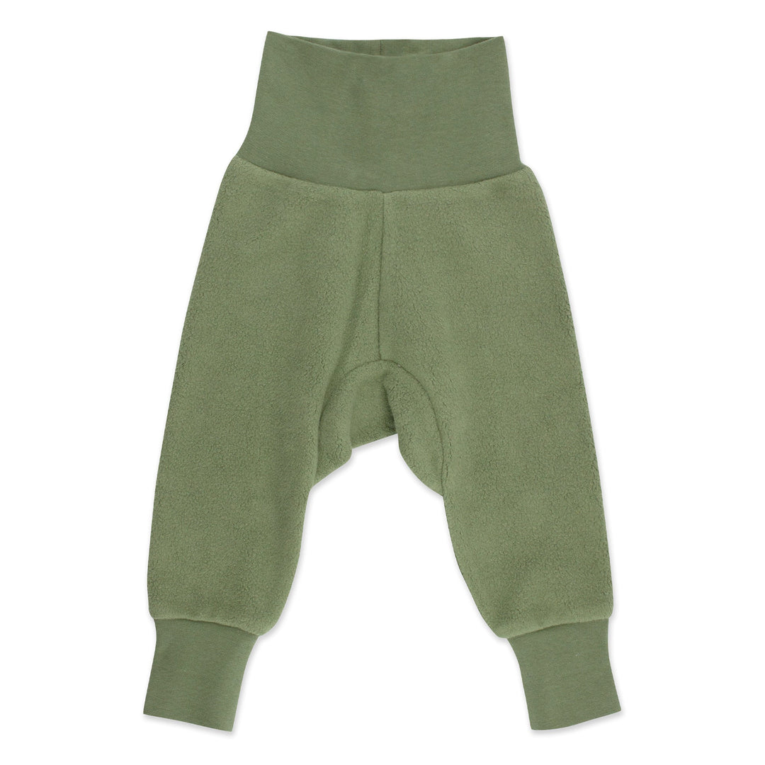 Green fleece baby cuff pants with ribbed cotton waistband.