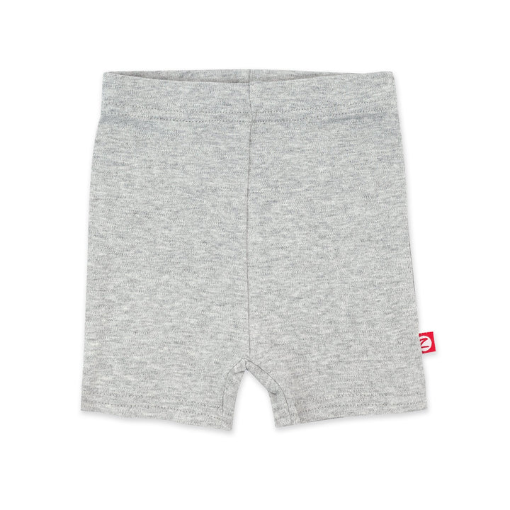 Heather gray organic cotton bike shorts for babies with a thick elastic waist band, depicted in an upright position against a white background.