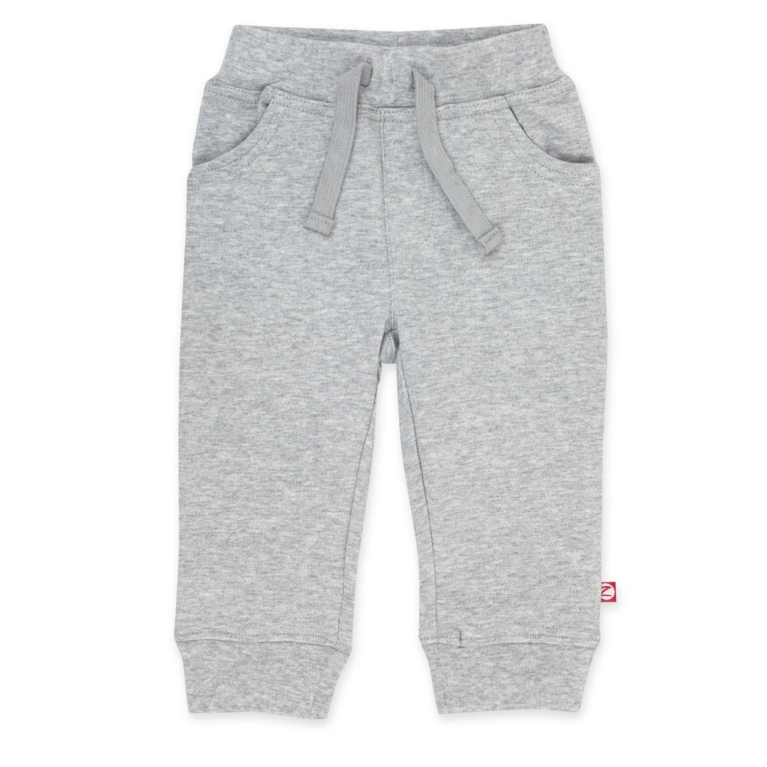 Heather gray organic cotton jogger pants for babies, with pockets and an elastic waistband.