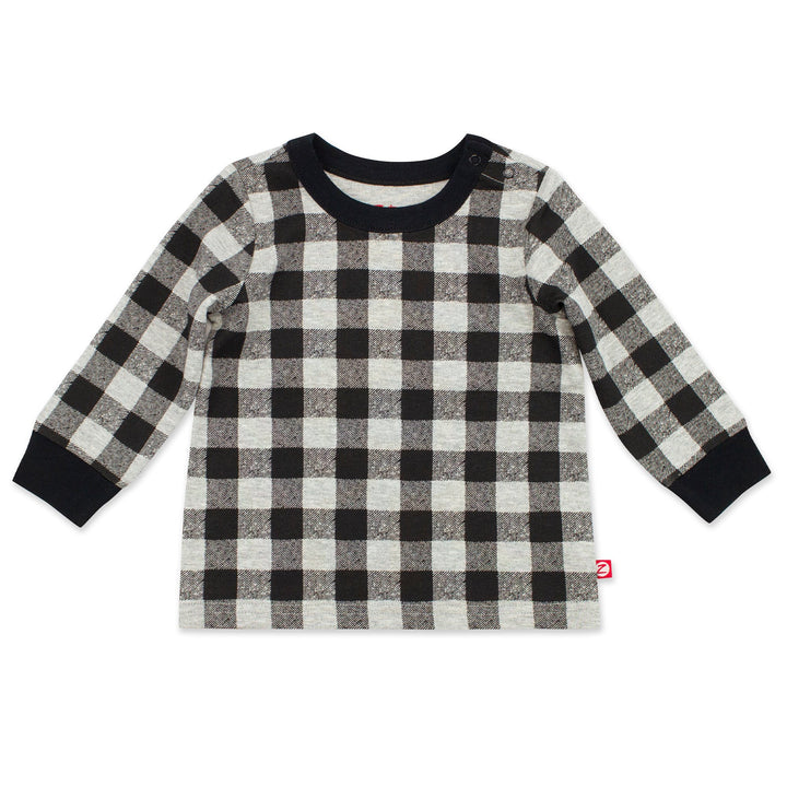 A long sleeve crewneck baby top in a black and gray buffalo check pattern.