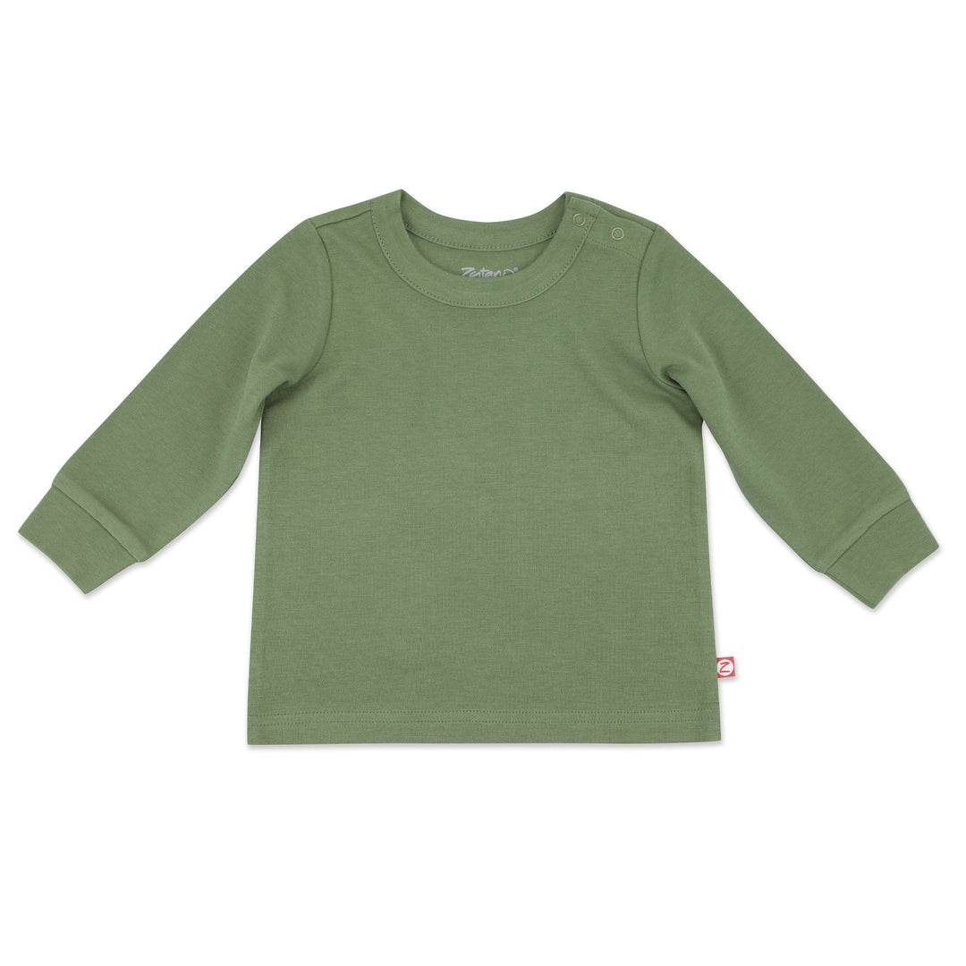 A long sleeve olive green crewneck t-shirt for babies.