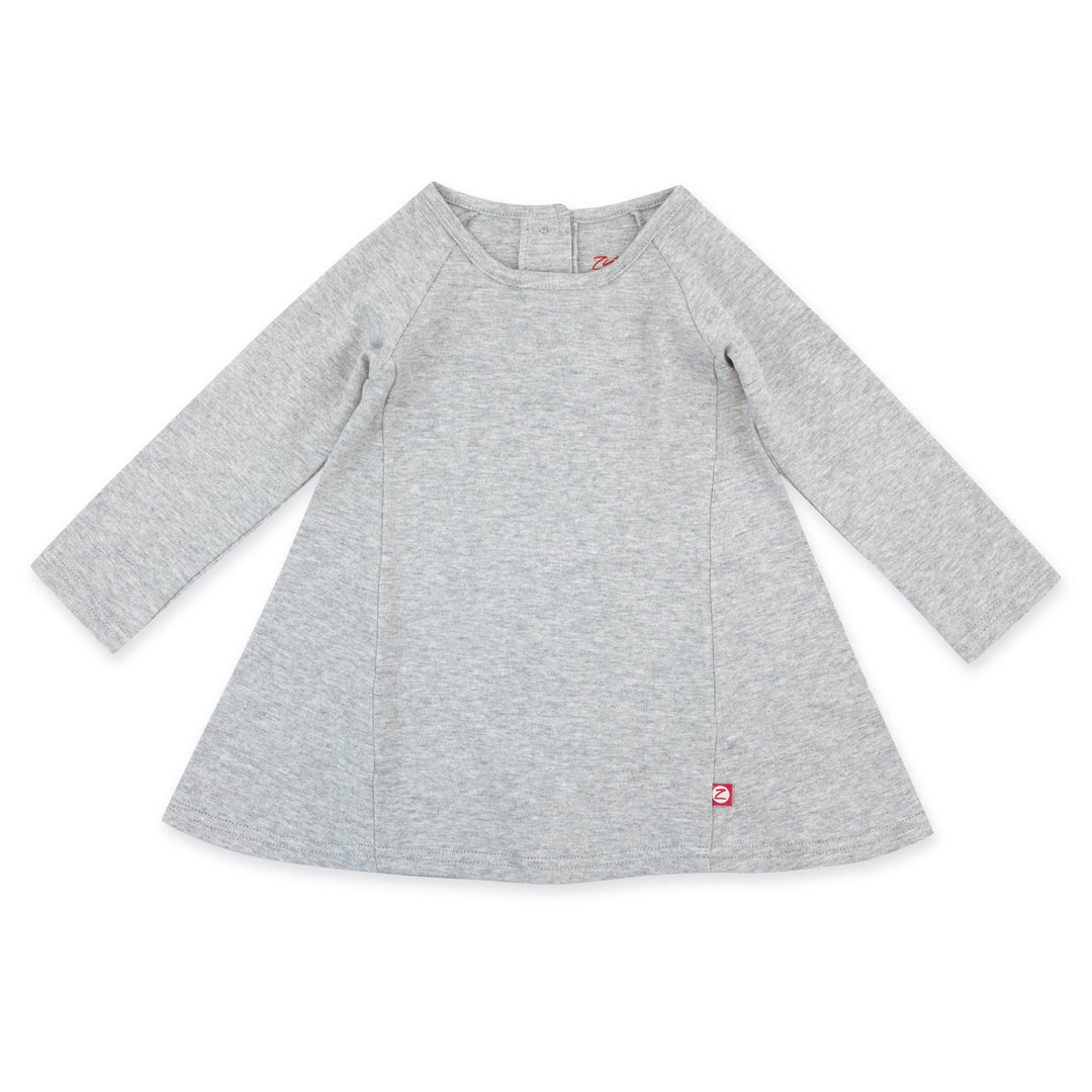 A long sleeve trapeze dress in heather gray color, displayed on a plain background.