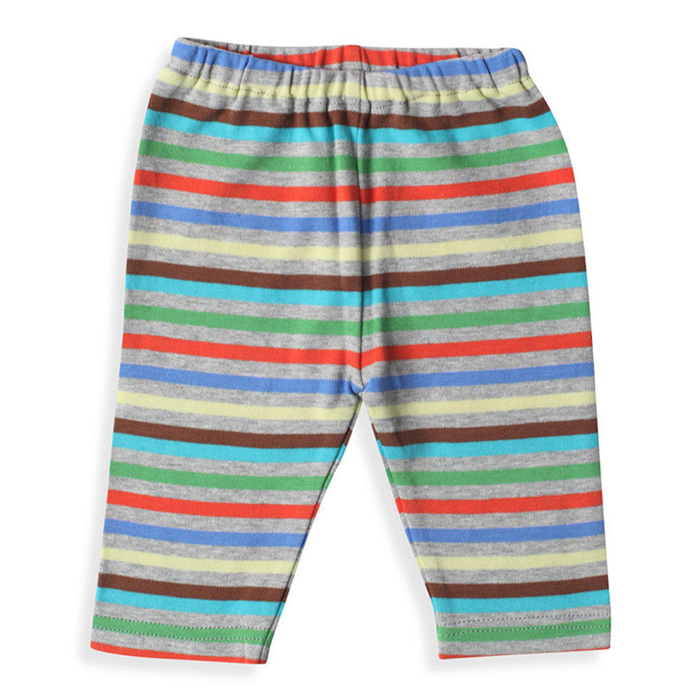 A pair of multicolored striped baby pants with an elastic waistband.