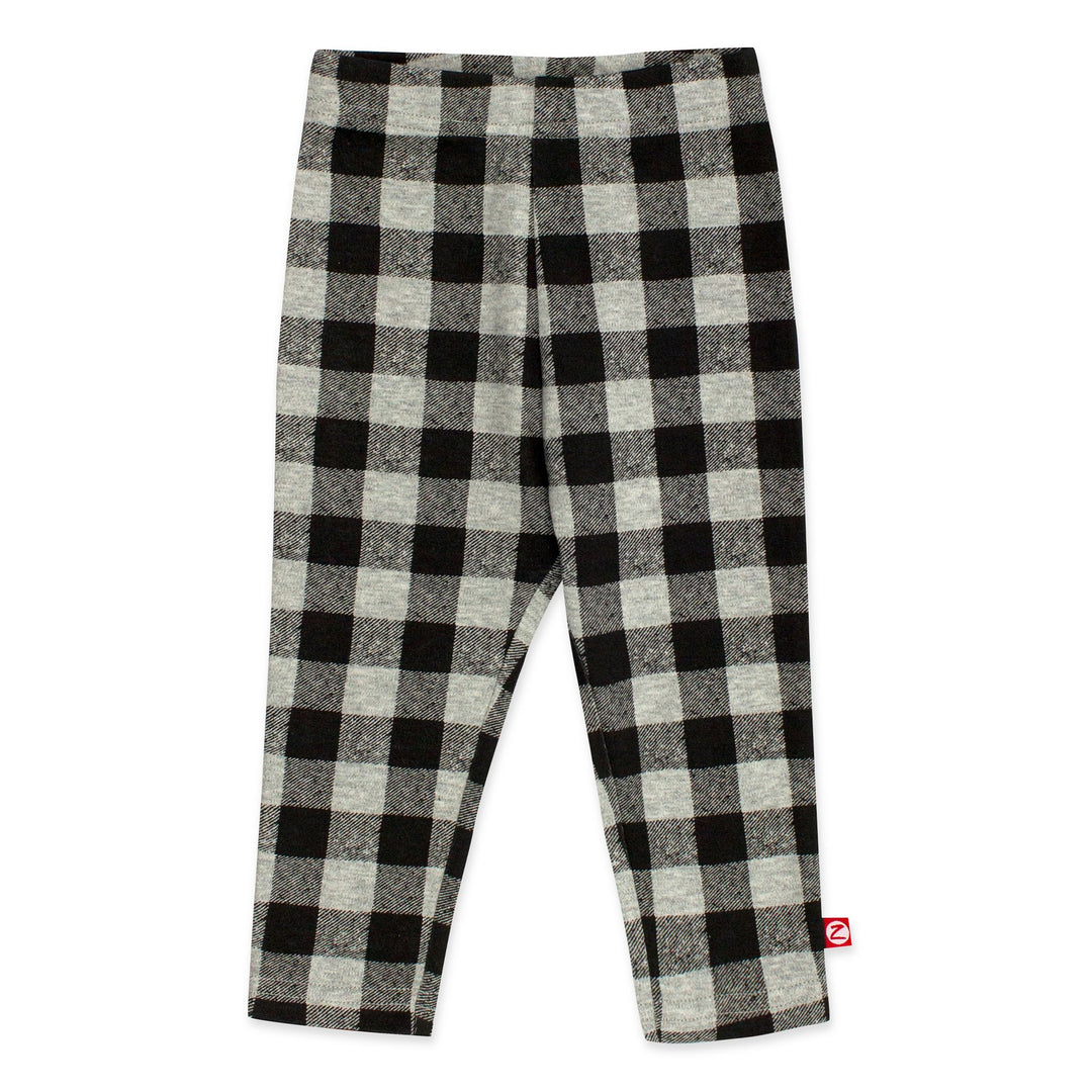 Organic cotton Buffalo Check leggings for kids, featuring a black and gray checkered pattern.