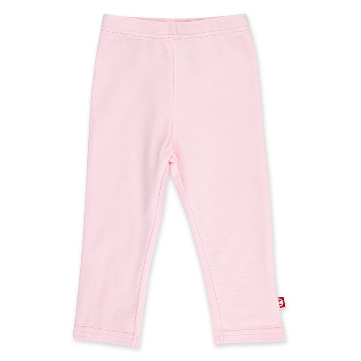 A pair of baby pink organic cotton leggings with a thick elastic waist band, laid flat.