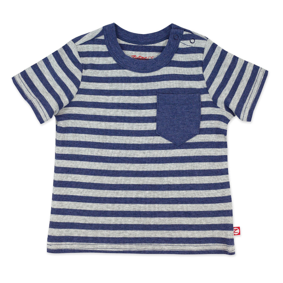 A short-sleeved baby tee with heather navy and gray stripes, a thick collar, and a front pocket.