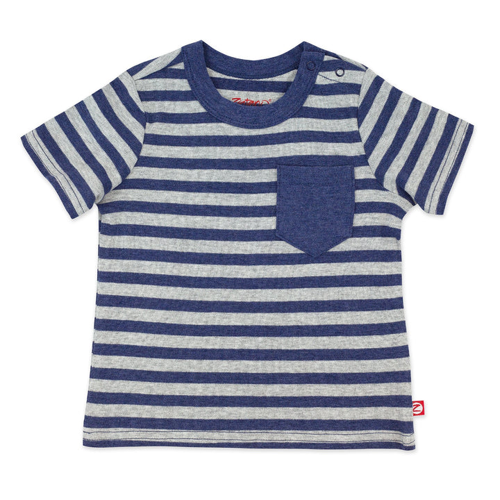A short-sleeved baby tee with heather navy and gray stripes, a thick collar, and a front pocket.