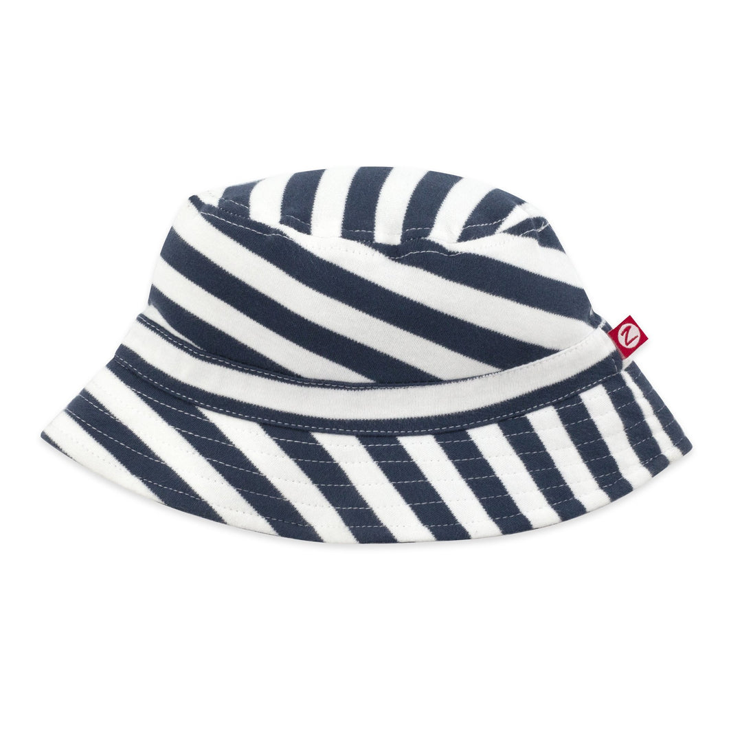A navy and white striped bucket sun hat.