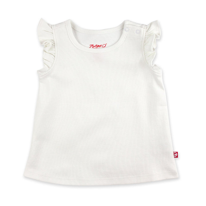 A white organic cotton flutter sleeve top for babies with a two snap shoulder opening.