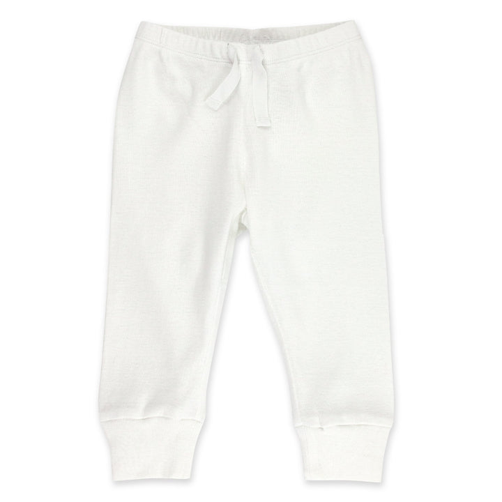 White organic cotton rib jogger pants for babies, with an elastic waistband and soft cuffs.