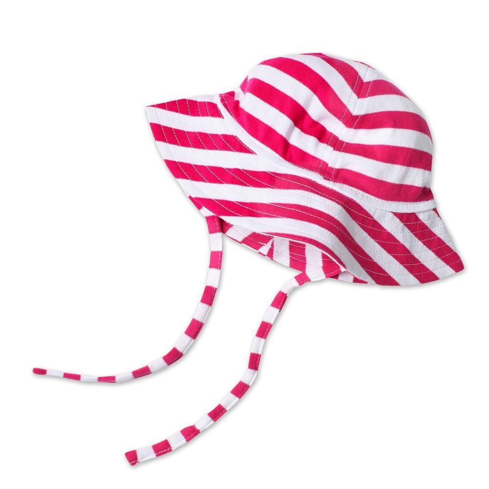 A pink and white striped sun hat with chin ties for babies.