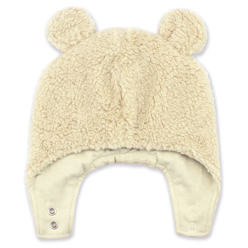 Beige furry bear hat with earflaps and bear ears, designed for babies.
