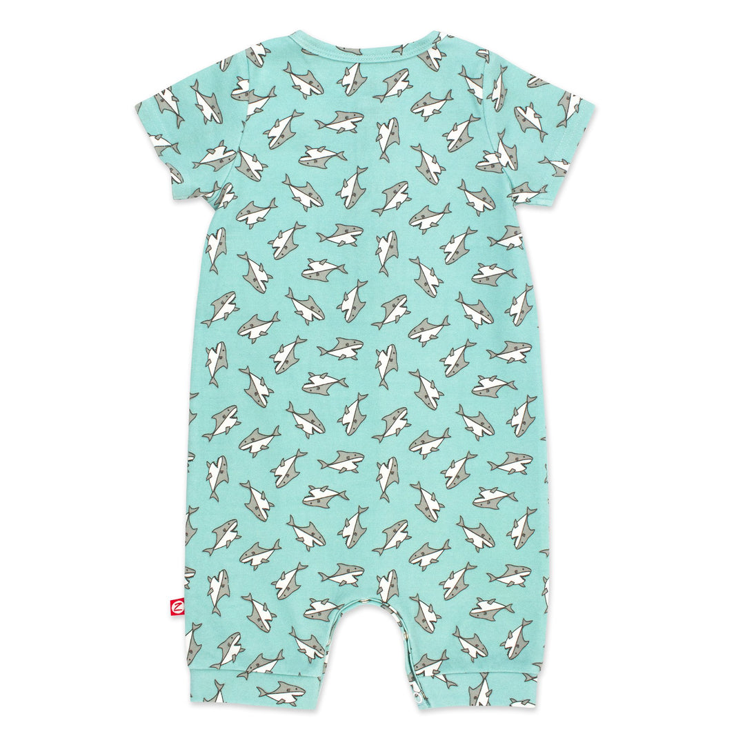 Spring and summer styled henley bodysuit in a fun baby sharks print.