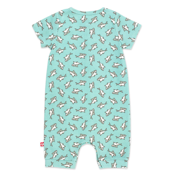 Spring and summer styled henley bodysuit in a fun baby sharks print.