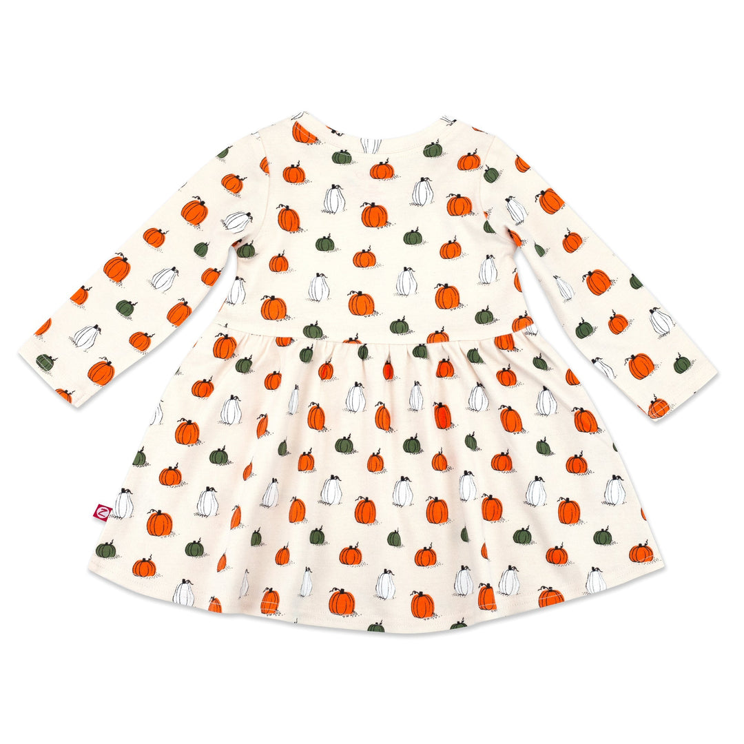 Long sleeve Forever Dress for babies, with a Pumpkin Patch print featuring pumpkins and cats on a white background.