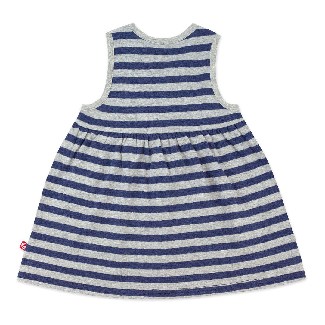 Heather navy and gray striped organic cotton surplice dress.