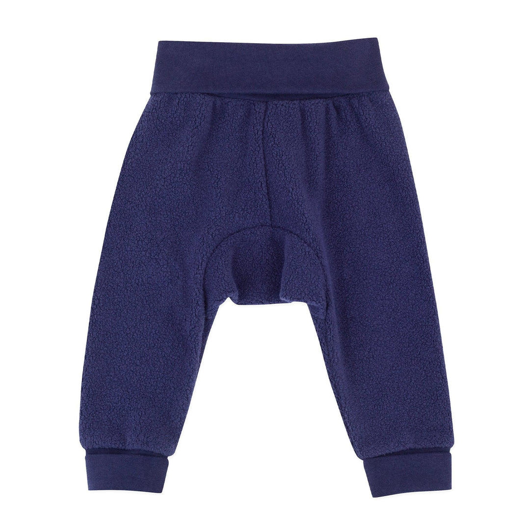 Navy blue fleece baby cuff pants with ribbed cotton waistband and cuffs.