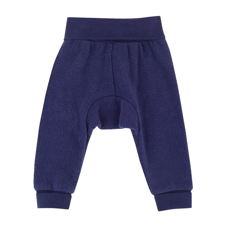 Navy blue fleece baby cuff pants with ribbed cotton waistband and cuffs.