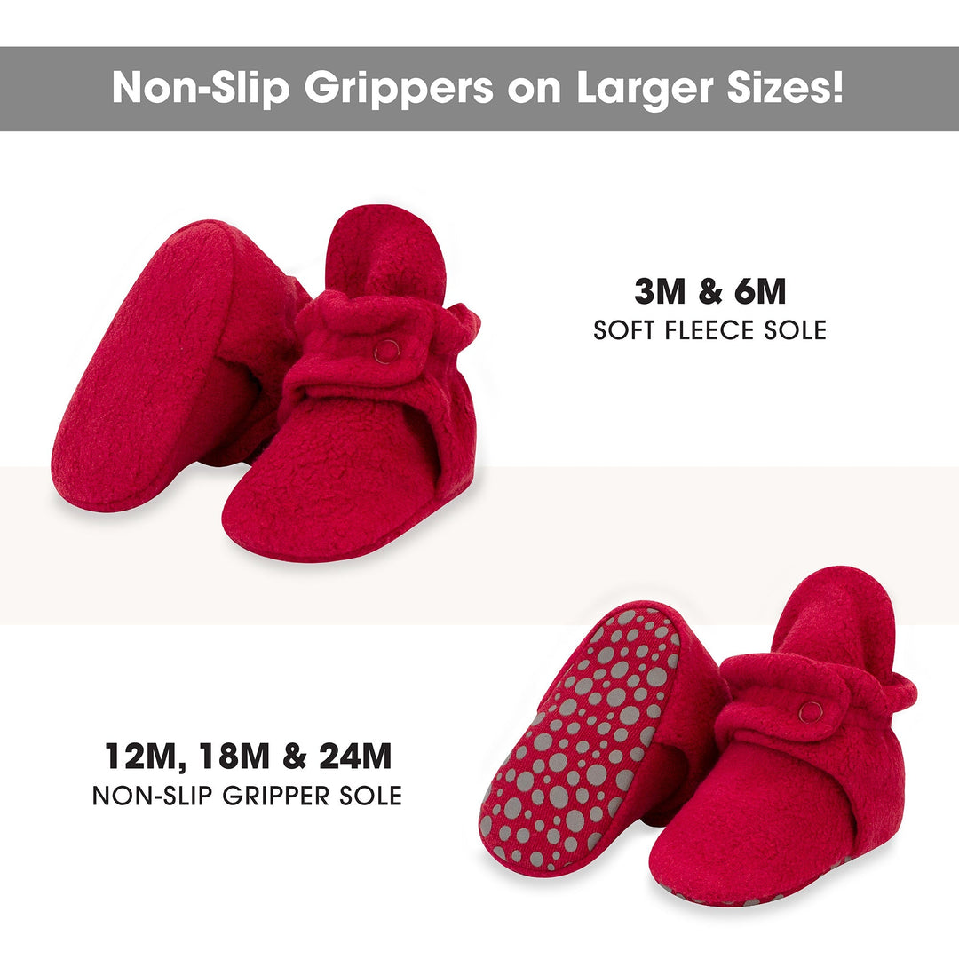 Cozie fleece baby booties feature in cranberry print. 