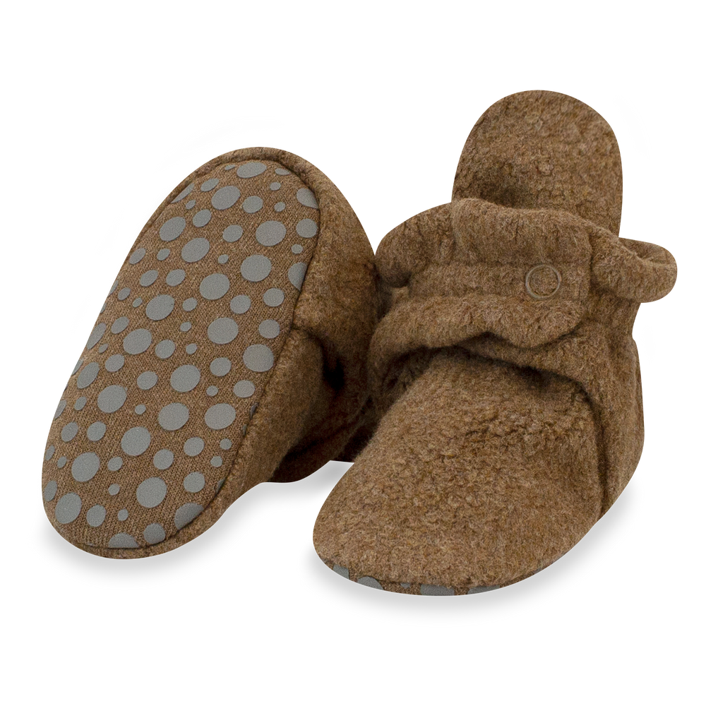 Set of brown fleece baby booties with two adjustable snaps.