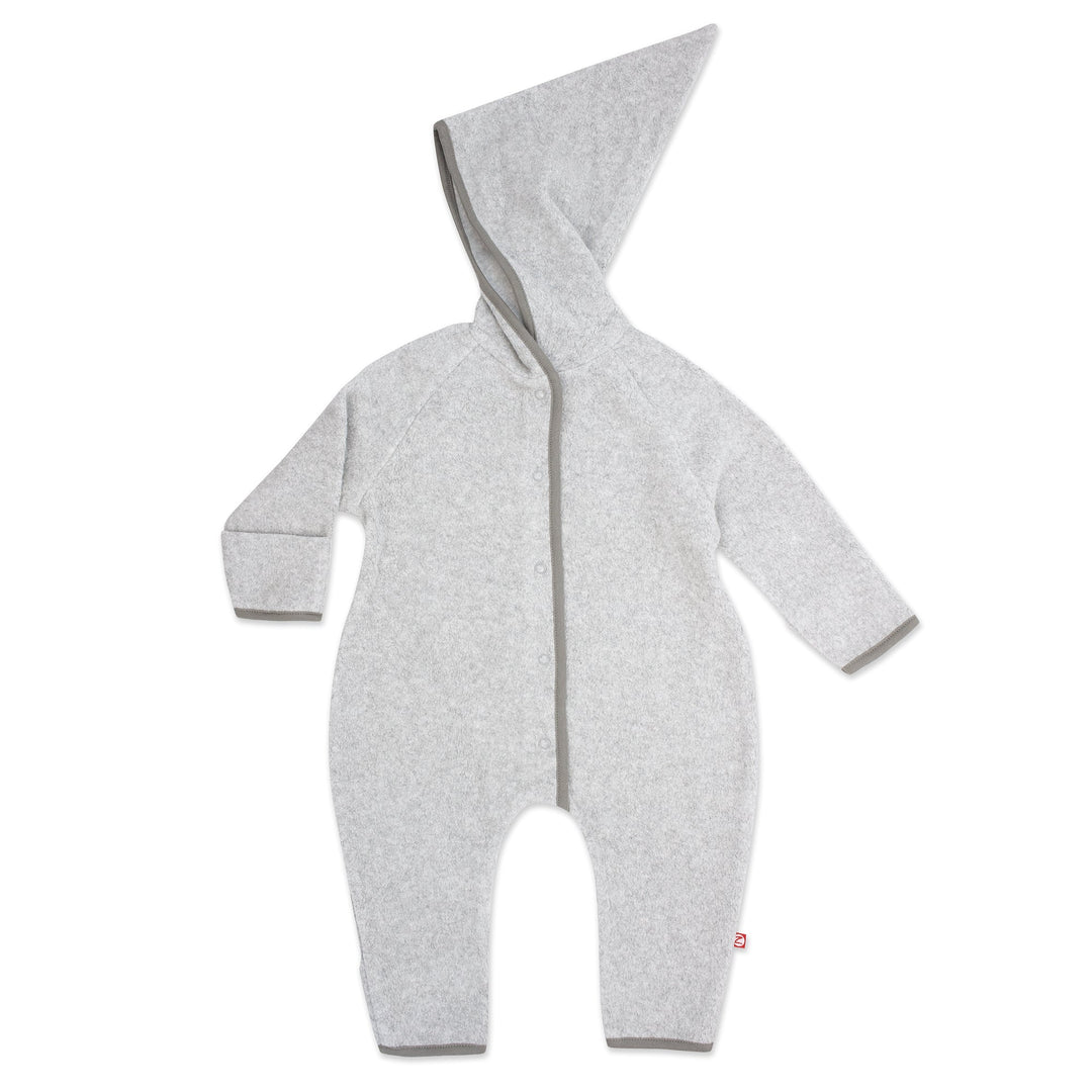 Heather gray one-piece cozie elf suit for babies with a hood, long sleeves, and footie design.