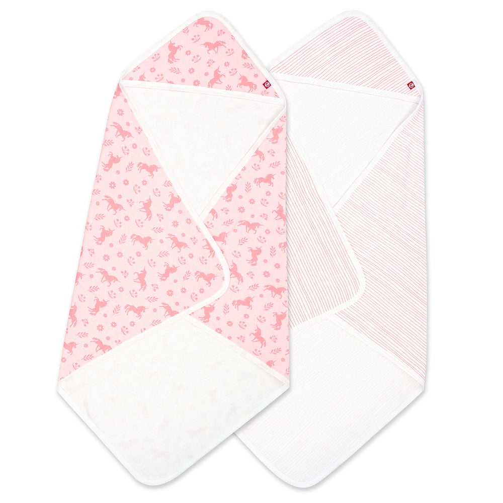 Zutano baby Hooded Towel Unicorns Organic Cotton Knit Terry Hooded Towel 2 Pack - Pink Multi