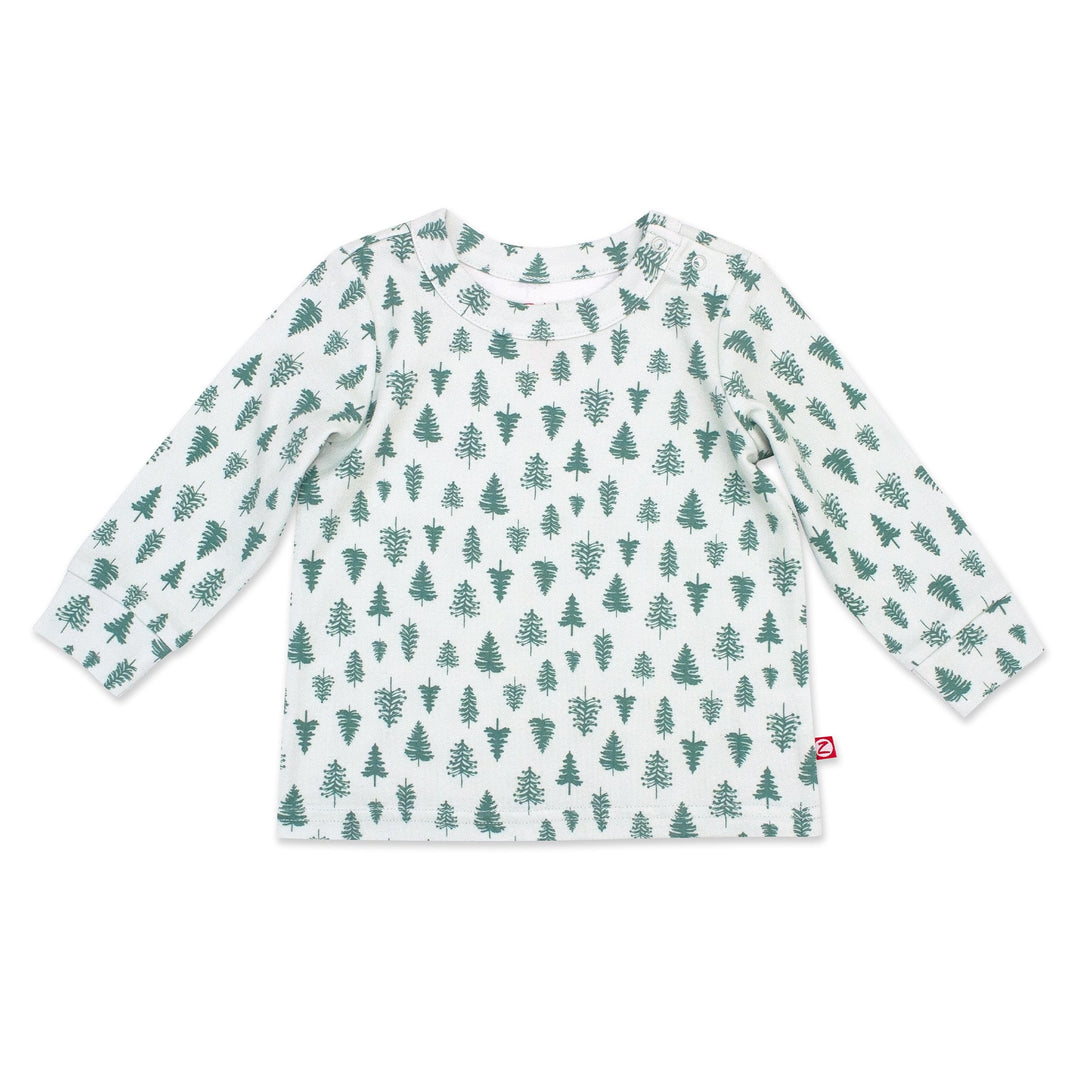 A long sleeve crewneck baby top in a Pine Trees print