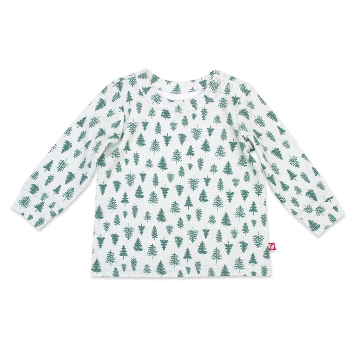 A long sleeve crewneck baby top in a Pine Trees print