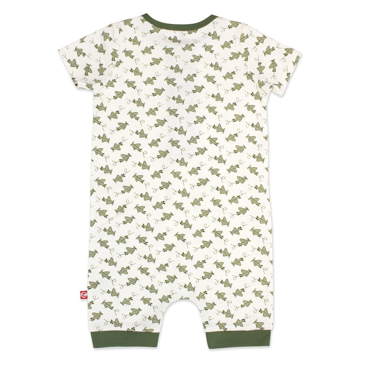 Organic cotton henley bodysuit with airplane print in green and beige colors.