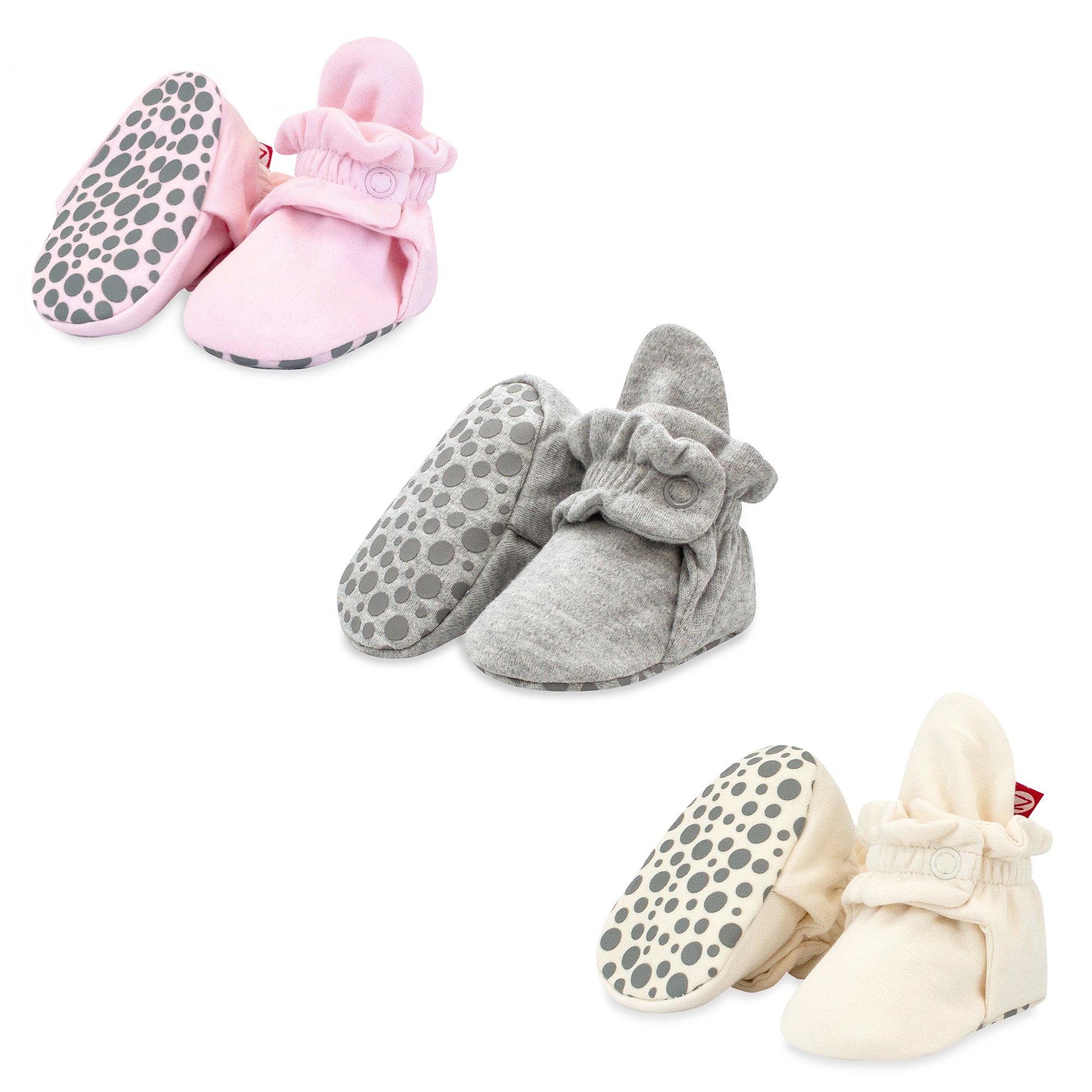 Organic Cotton Gripper Baby Booties Variety 3 Pack - Heather Gray/Baby Pink/Cream