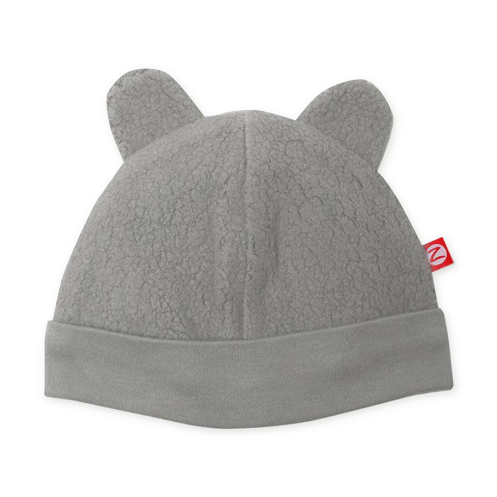 A gray fleece baby hat with ears resembling a bear's face.