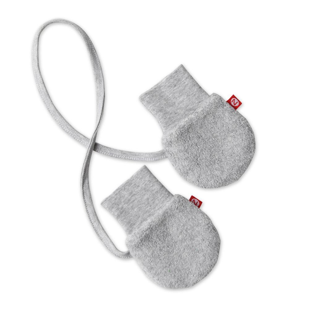 A pair of gray fleece baby mittens with a cuff, connected by a string.