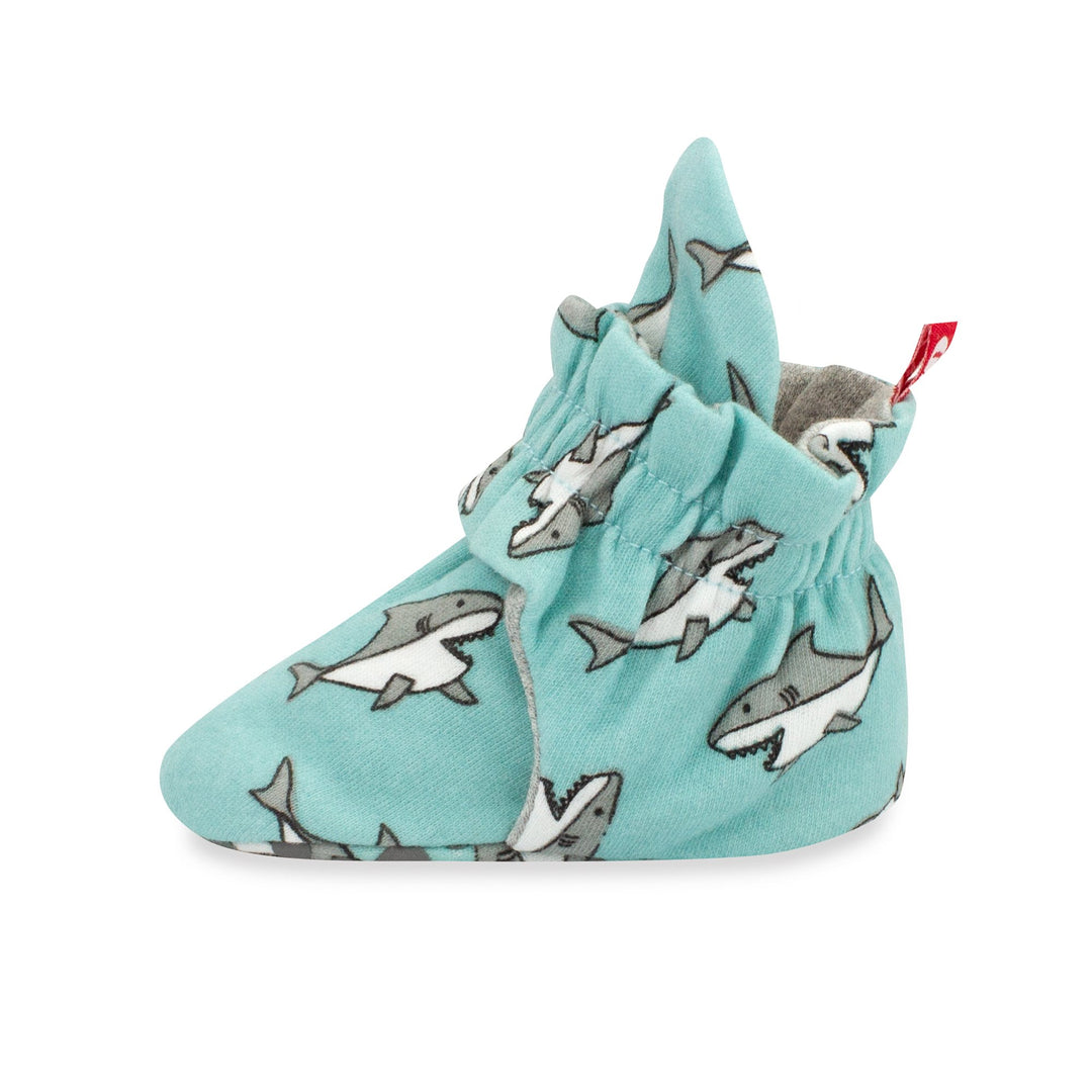 Baby Sharks print Baby booties in blue and gray colors.