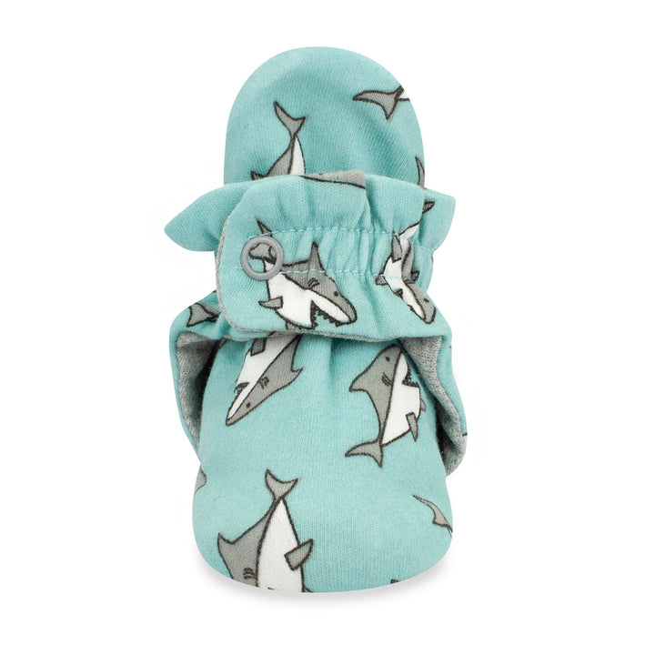 Baby booties with a Baby Sharks print in blue and gray colors.