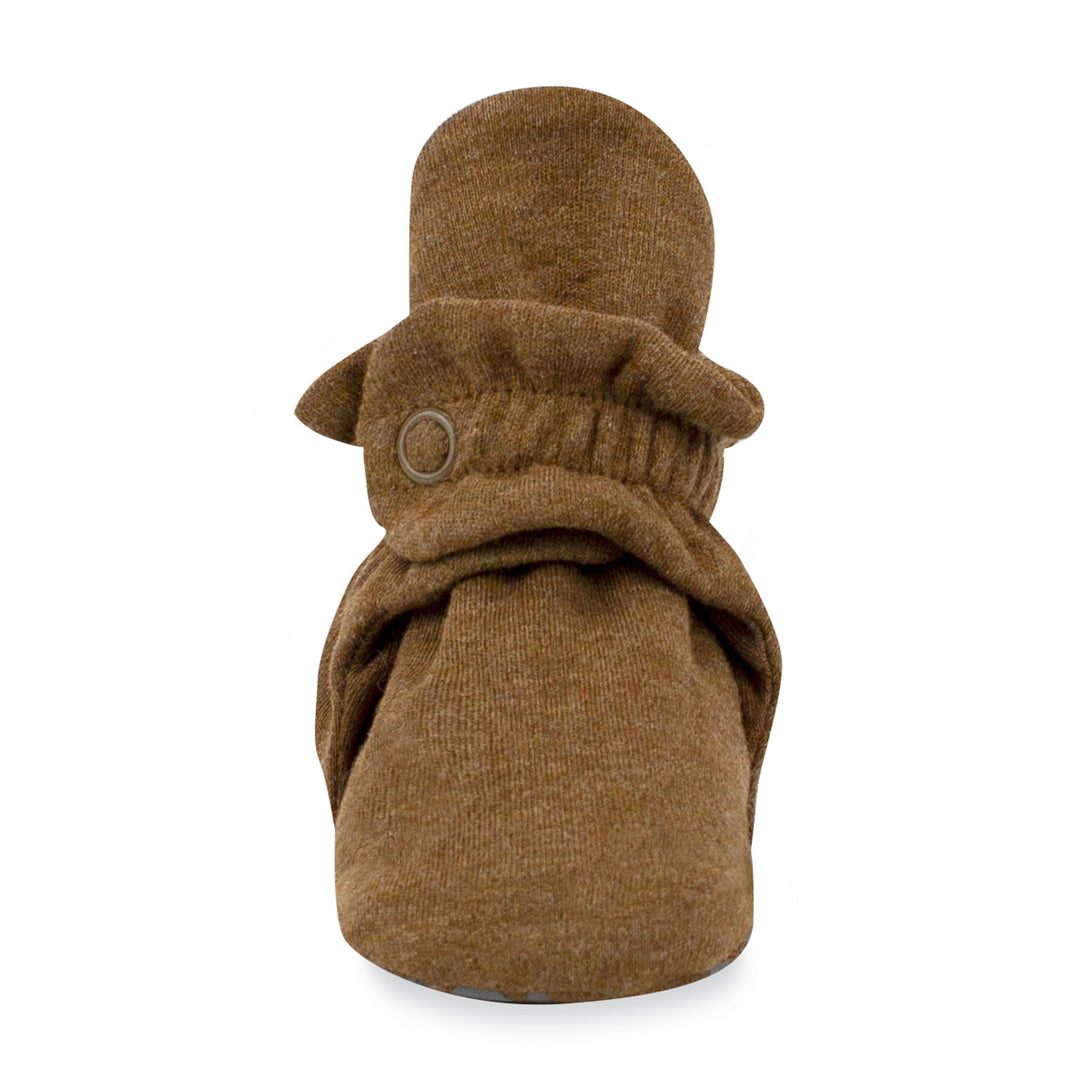 Brown organic cotton baby booties with rubber grippers on the bottom, displayed against a white background.