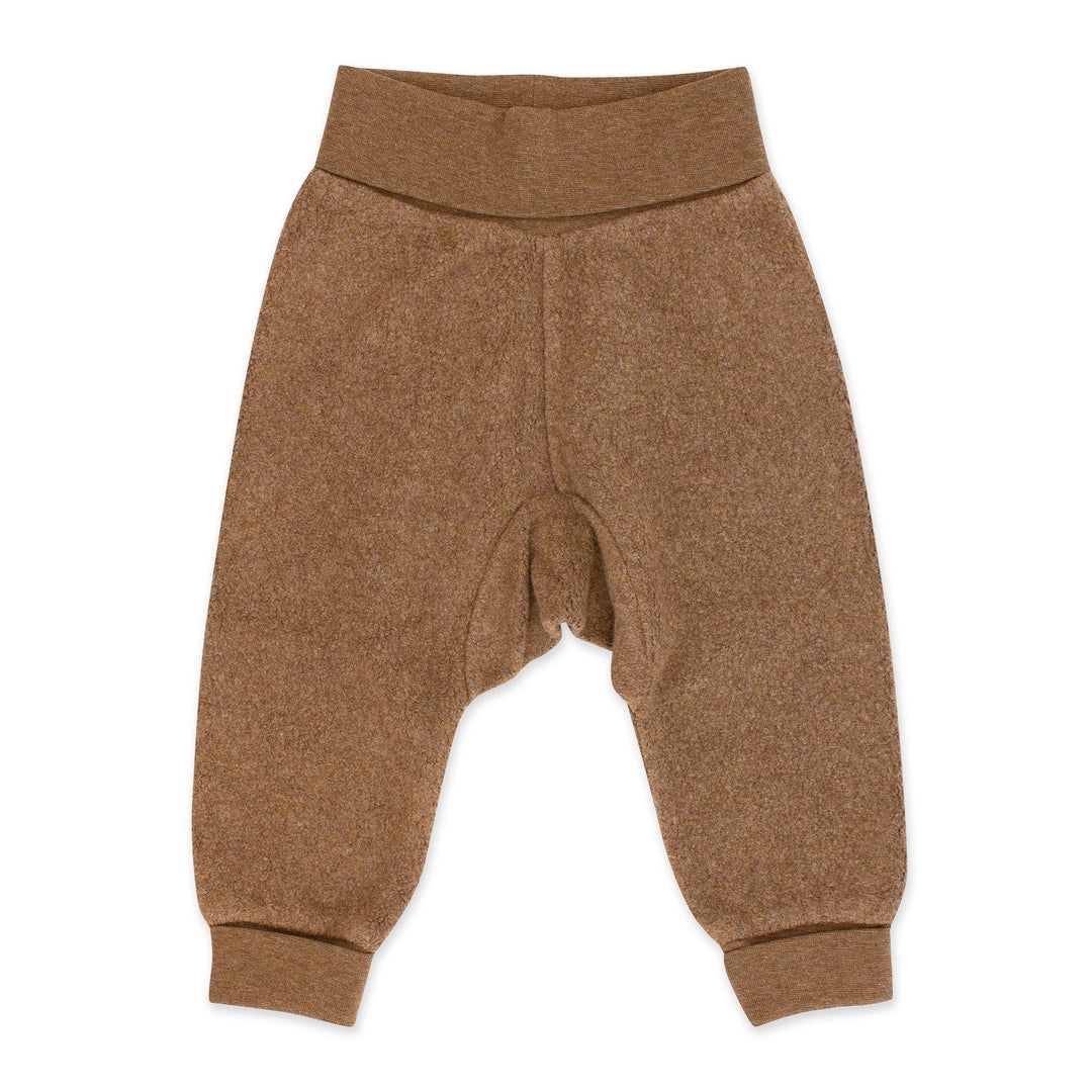 Heather mocha colored baby cuff pants made of fleece, with a ribbed cotton waistband and cuffs.