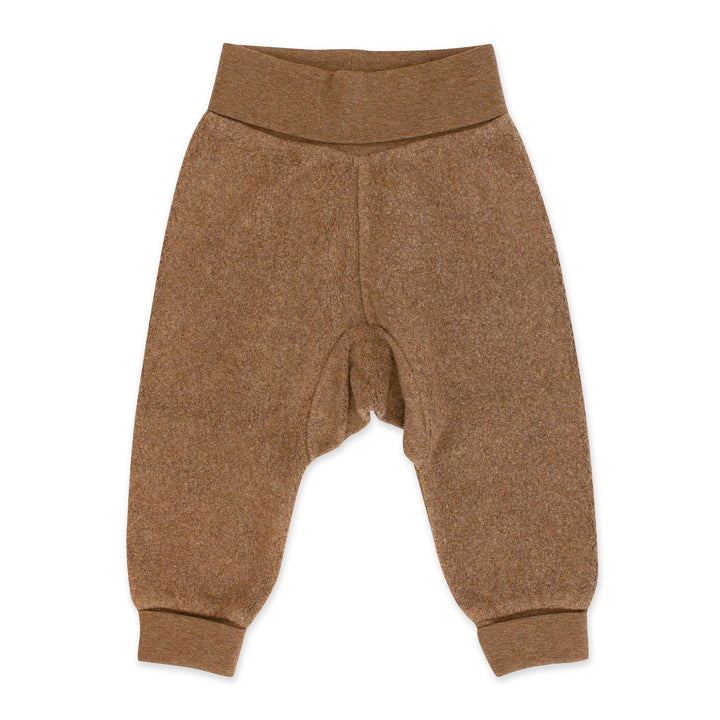 Heather mocha colored baby cuff pants made of fleece, with a ribbed cotton waistband and cuffs.