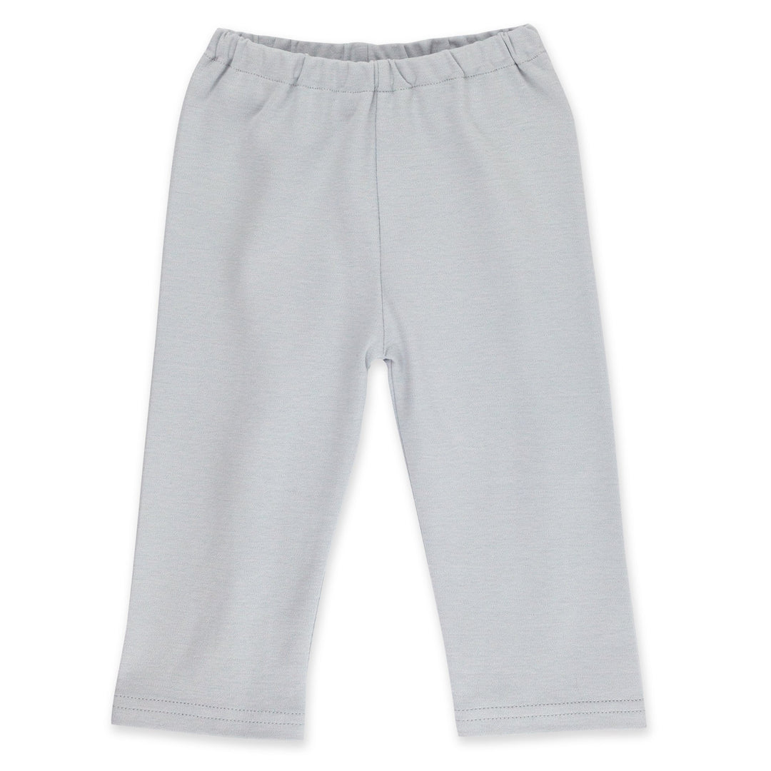 Organic cotton baby pants in light gray color, made from GOTS certified material, designed as pull-on style with an elastic waist.