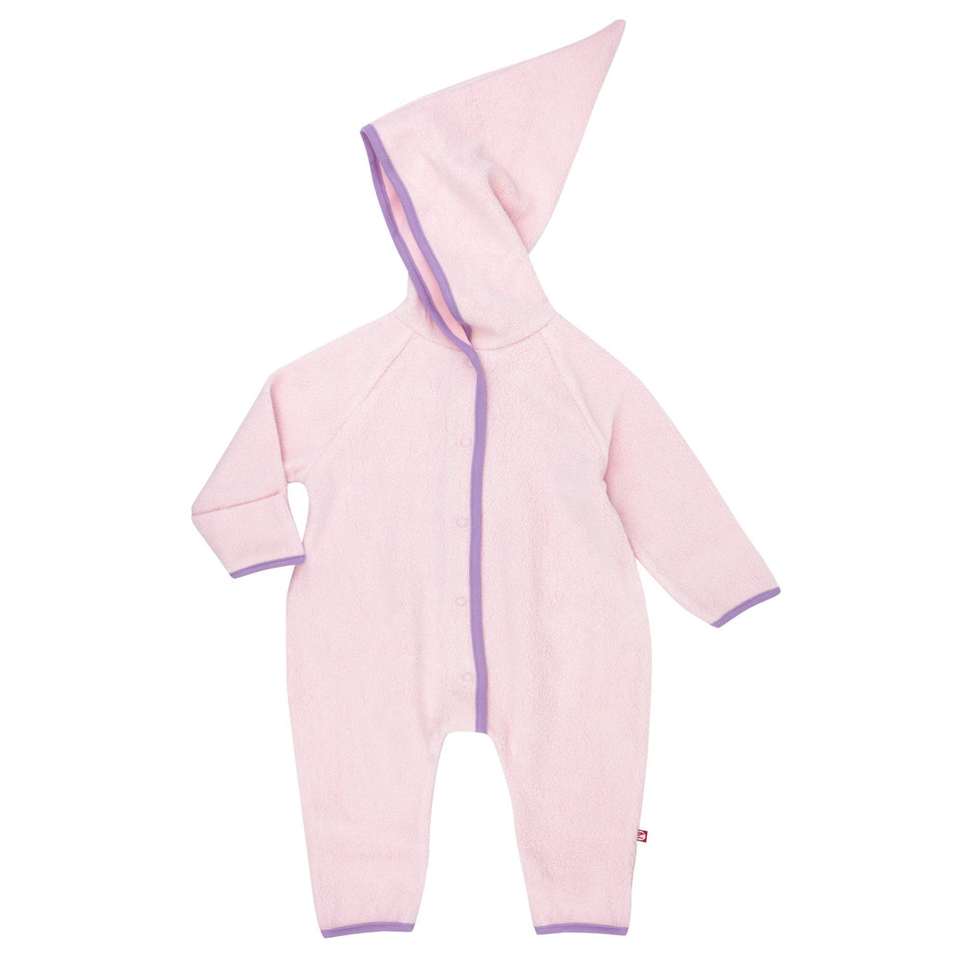 A one-piece baby pink cozie elf suit with a hood and purple trim, designed for infants.