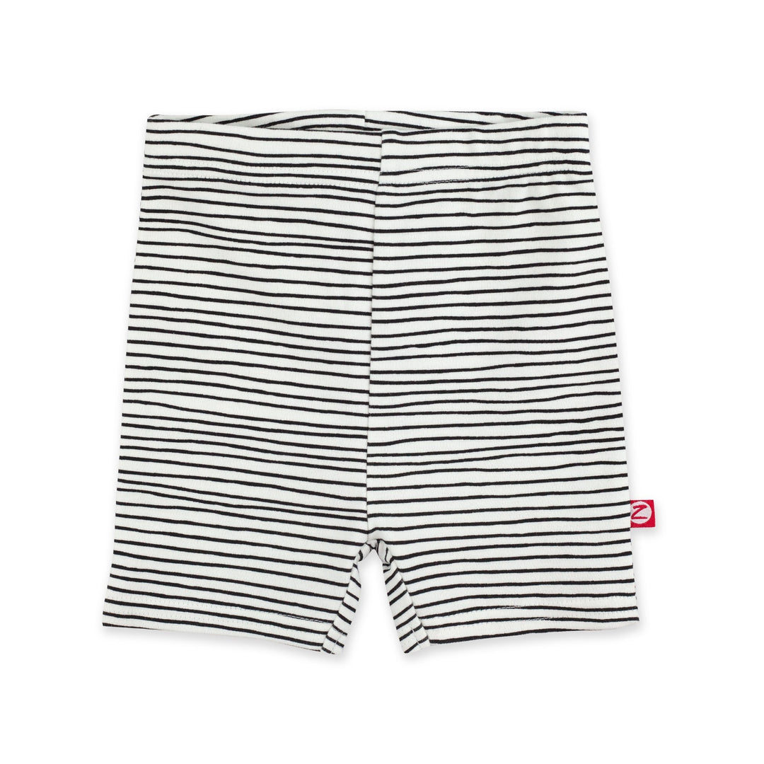 Black and white pencil striped organic cotton bike shorts for babies