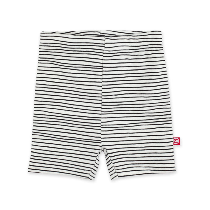 Black and white pencil striped organic cotton bike shorts for babies